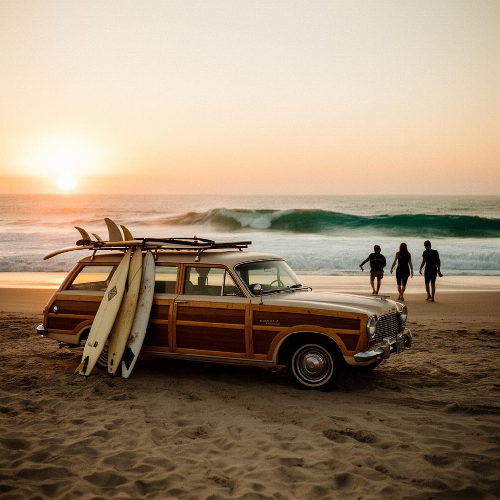 Vintage woody wagon with surfboards on a California beach at sunset