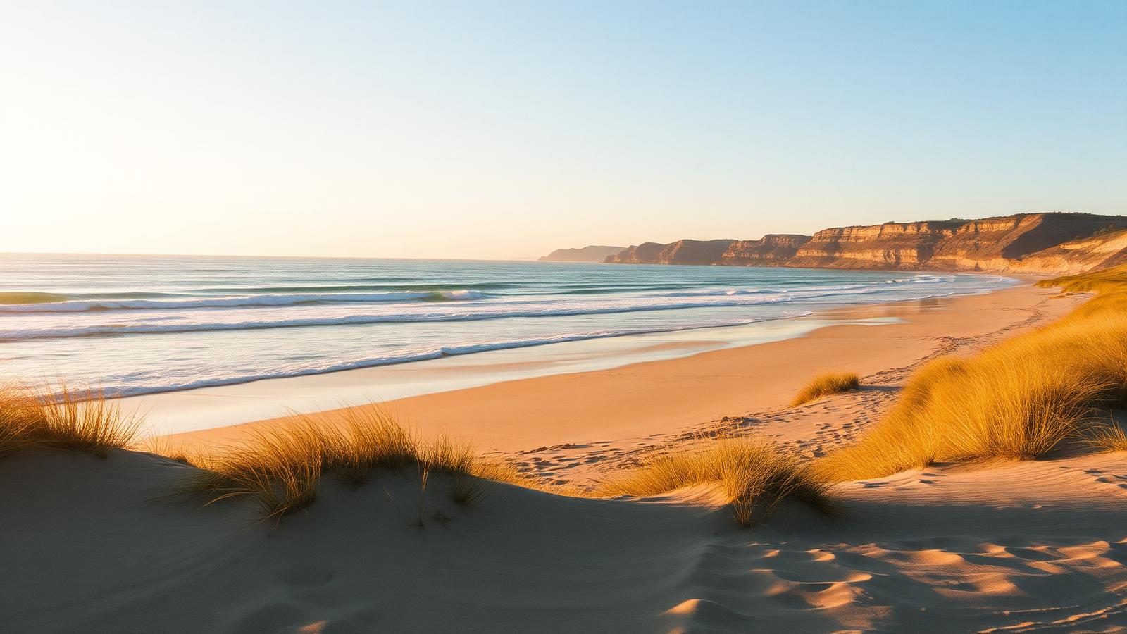 Golden hour beach with dunes and breaking waves